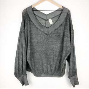 Free People Grey Burnout V-Neck Oversized Sweater